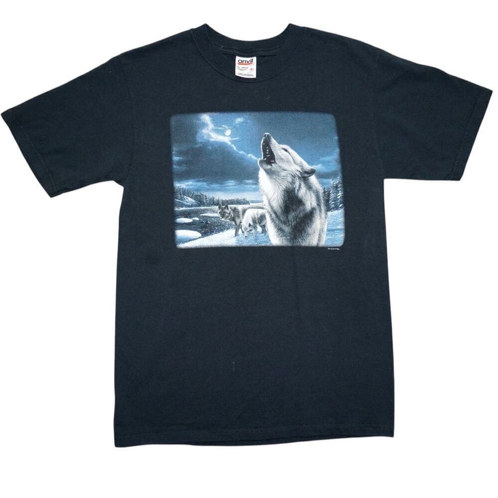 Vintage Human-i-Tees Wolf Howling at Moon Graphic T-Shirt | Size S  | Anvil Tag